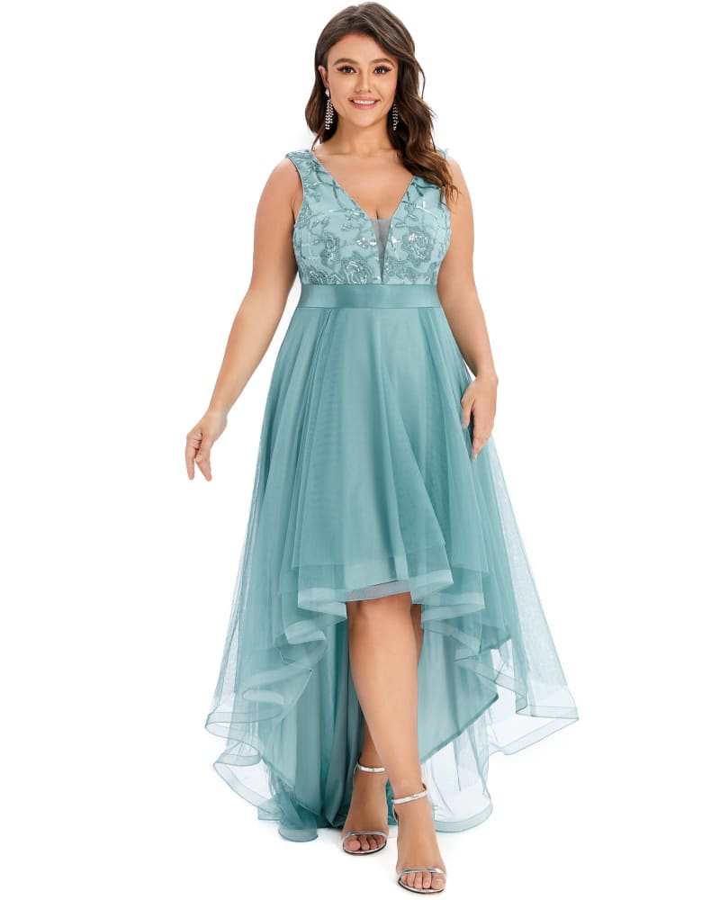 Front of a model wearing a size 16 Sleeveless V-back Tulle High-Low Sequin Appliques Evening Dresses in Dusty Blue by Ever-Pretty. | dia_product_style_image_id:310991